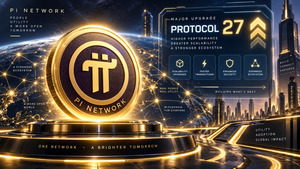 Pi Network 로고와 Protocol 27 블록체인 업그레이드를 표현한 이미지