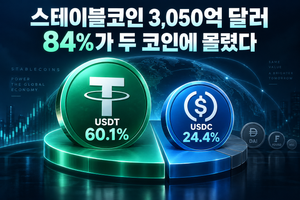 스테이블코인 시장 3,050억 달러 중 USDT와 USDC가 84%를 차지하는 시장 집중도 분석 이미지